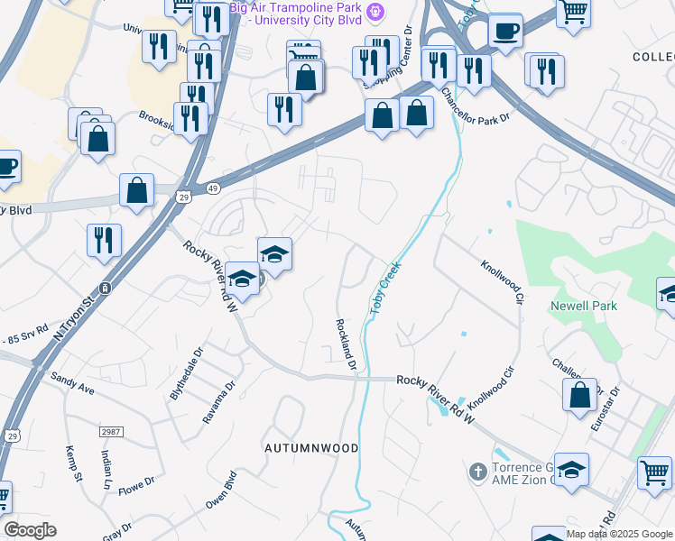 map of restaurants, bars, coffee shops, grocery stores, and more near 7815 Rockland Drive in Charlotte