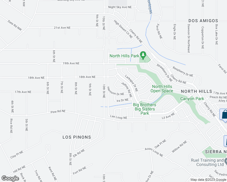 map of restaurants, bars, coffee shops, grocery stores, and more near 1053 Harrison Drive Northeast in Rio Rancho