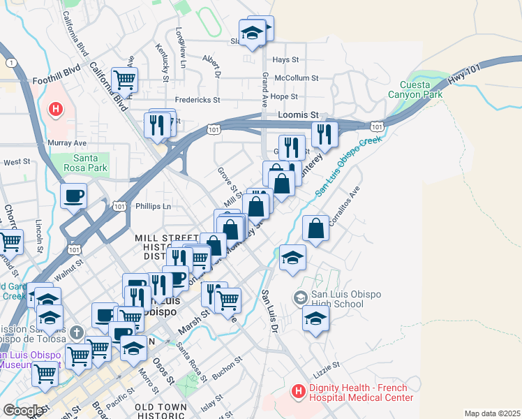 map of restaurants, bars, coffee shops, grocery stores, and more near 892 Grove Street in San Luis Obispo