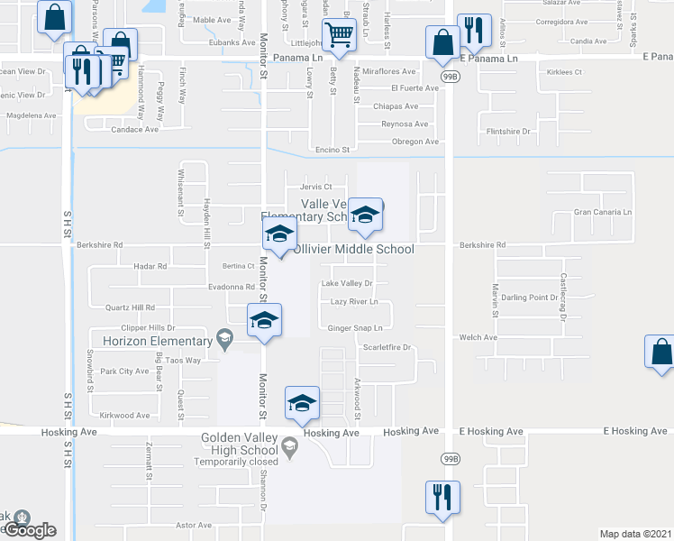map of restaurants, bars, coffee shops, grocery stores, and more near 511 Minnatree Lane in Bakersfield