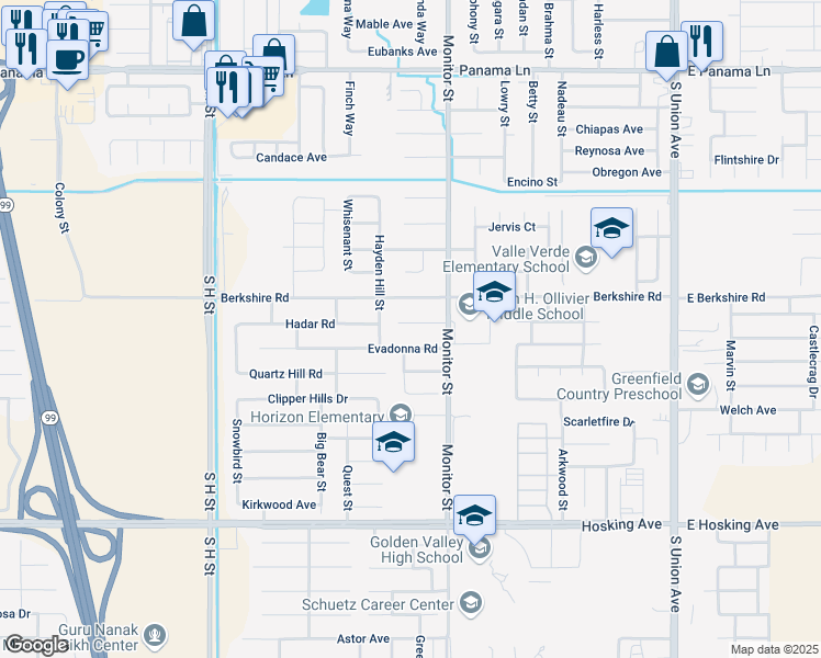 map of restaurants, bars, coffee shops, grocery stores, and more near 917 Bertina Court in Bakersfield
