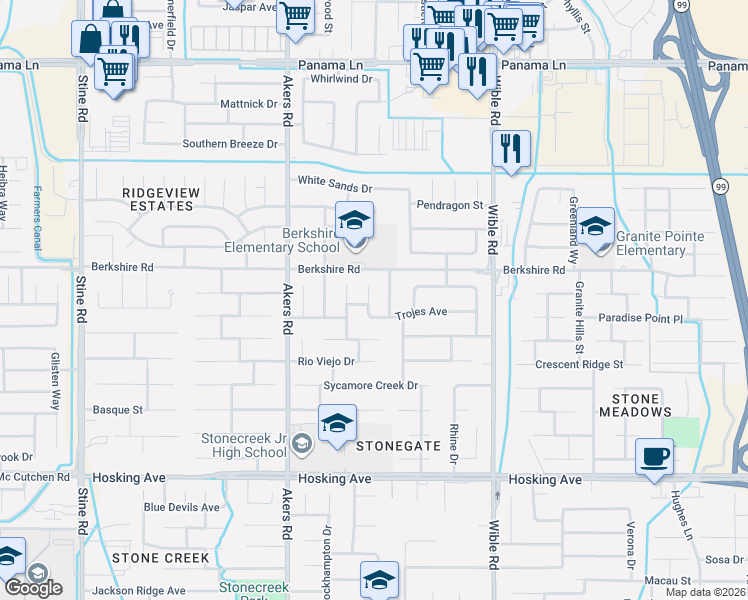 map of restaurants, bars, coffee shops, grocery stores, and more near 7323 Cupio Street in Bakersfield