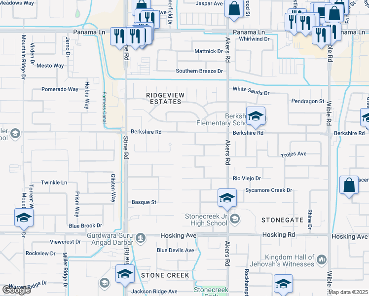 map of restaurants, bars, coffee shops, grocery stores, and more near 4415 Serene Oak Drive in Bakersfield