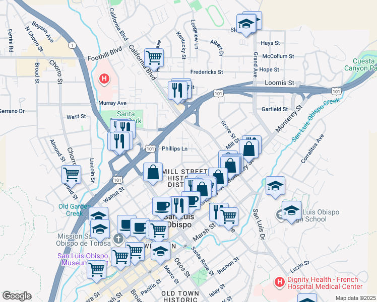 map of restaurants, bars, coffee shops, grocery stores, and more near 1371 Phillips Lane in San Luis Obispo