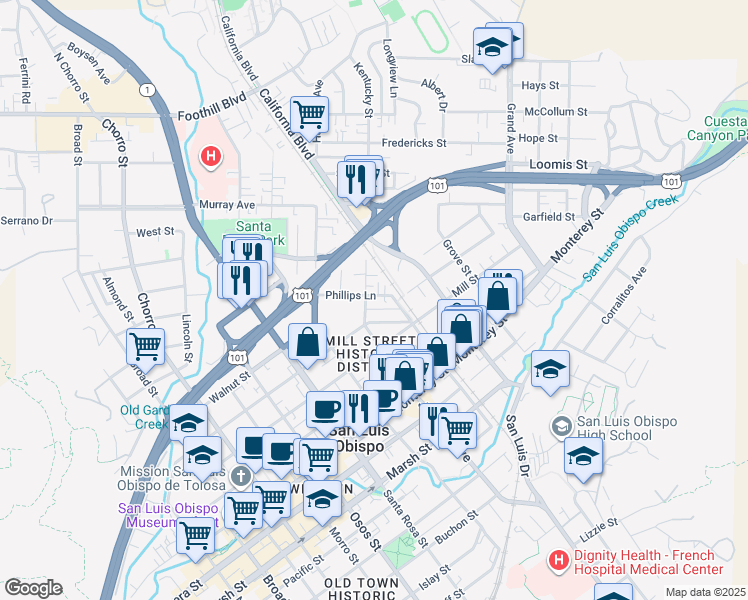 map of restaurants, bars, coffee shops, grocery stores, and more near 1371 Phillips Lane in San Luis Obispo