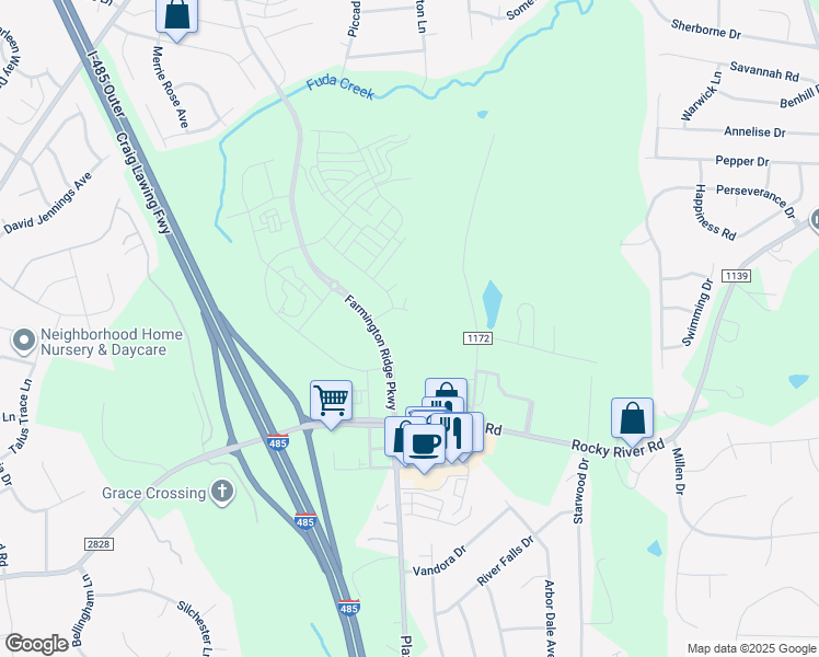 map of restaurants, bars, coffee shops, grocery stores, and more near 8800-9298 Stafford Road in Charlotte