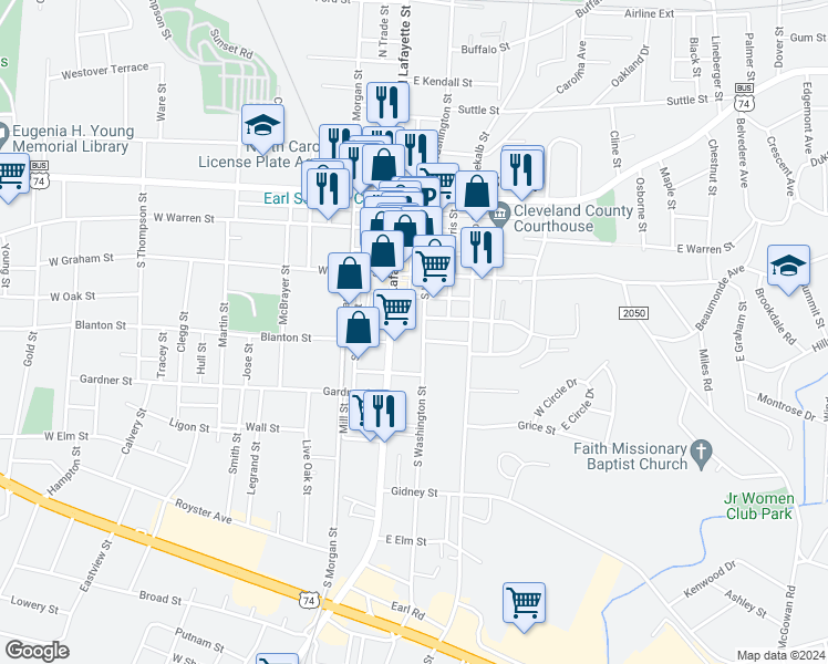 map of restaurants, bars, coffee shops, grocery stores, and more near 409 South Lafayette Street in Shelby