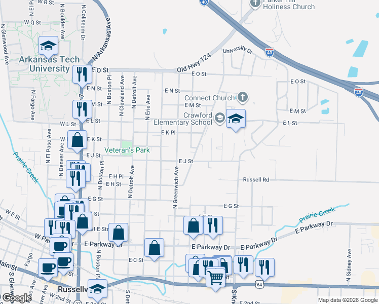 map of restaurants, bars, coffee shops, grocery stores, and more near 1013 North Parker Road in Russellville