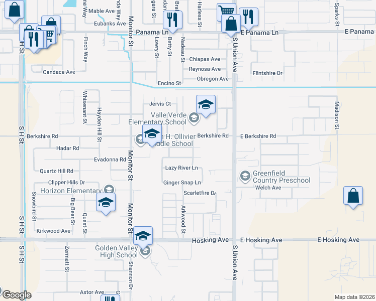 map of restaurants, bars, coffee shops, grocery stores, and more near 405 Minnatree Lane in Bakersfield