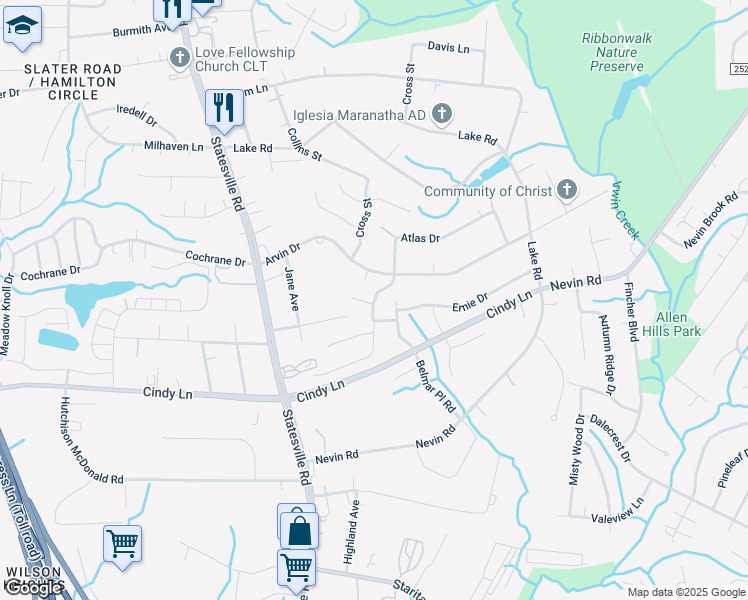 map of restaurants, bars, coffee shops, grocery stores, and more near 3628 Greenloch Court in Charlotte