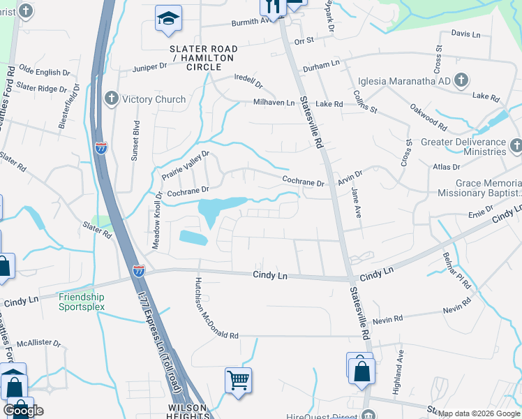 map of restaurants, bars, coffee shops, grocery stores, and more near 2801 Oakwood Drive in Charlotte