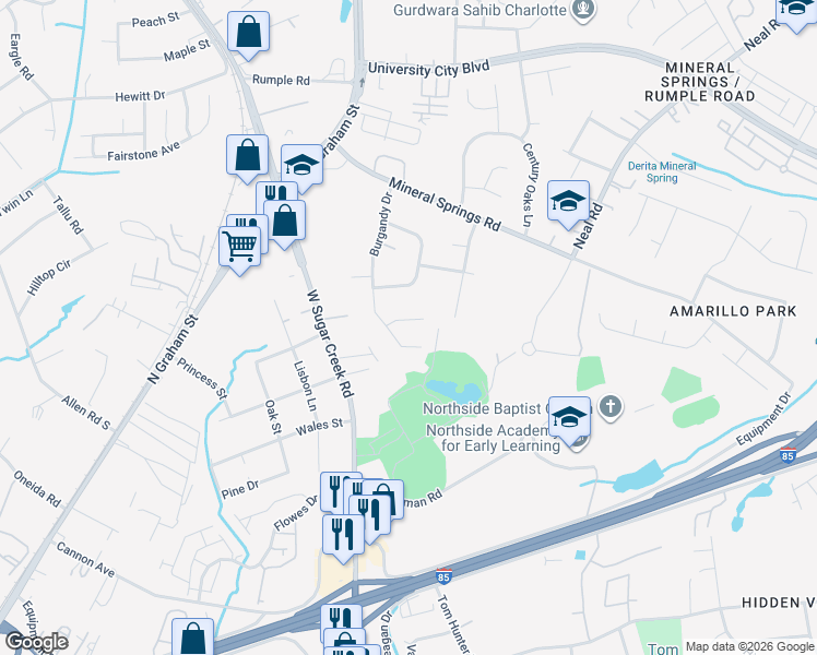 map of restaurants, bars, coffee shops, grocery stores, and more near 1717 Blandford Drive in Charlotte