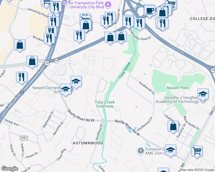 map of restaurants, bars, coffee shops, grocery stores, and more near 8222 Misty Eve Lane in Charlotte