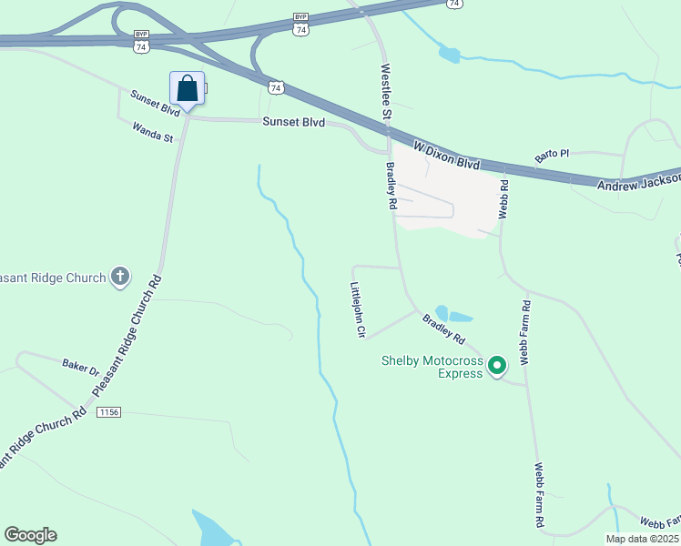 map of restaurants, bars, coffee shops, grocery stores, and more near 4012 Littlejohn Circle in Shelby