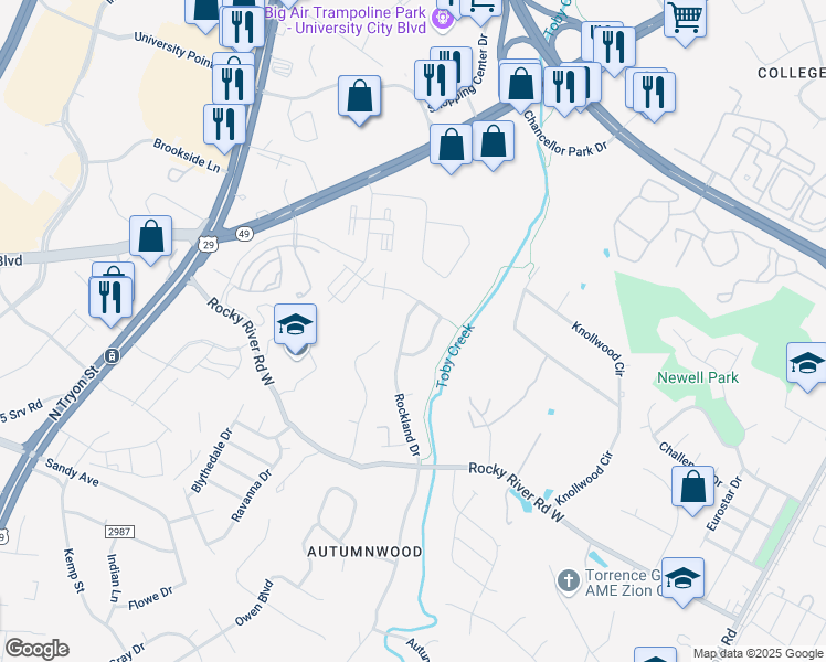 map of restaurants, bars, coffee shops, grocery stores, and more near 7815 Rockland Drive in Charlotte