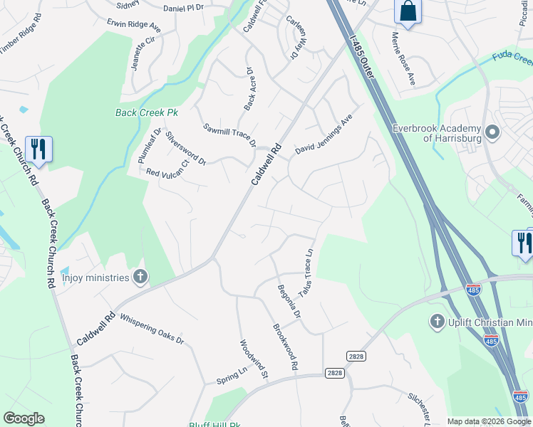 map of restaurants, bars, coffee shops, grocery stores, and more near 4714 Brightfalls Way in Charlotte