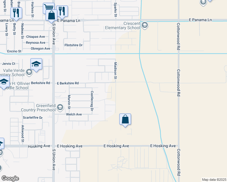 map of restaurants, bars, coffee shops, grocery stores, and more near 830 Berkshire Road in Bakersfield