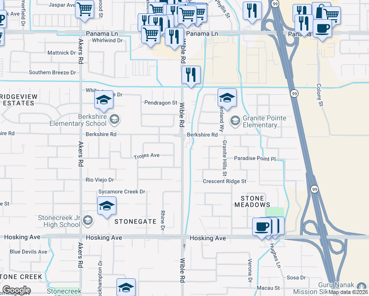 map of restaurants, bars, coffee shops, grocery stores, and more near 7410 Wible Road in Bakersfield