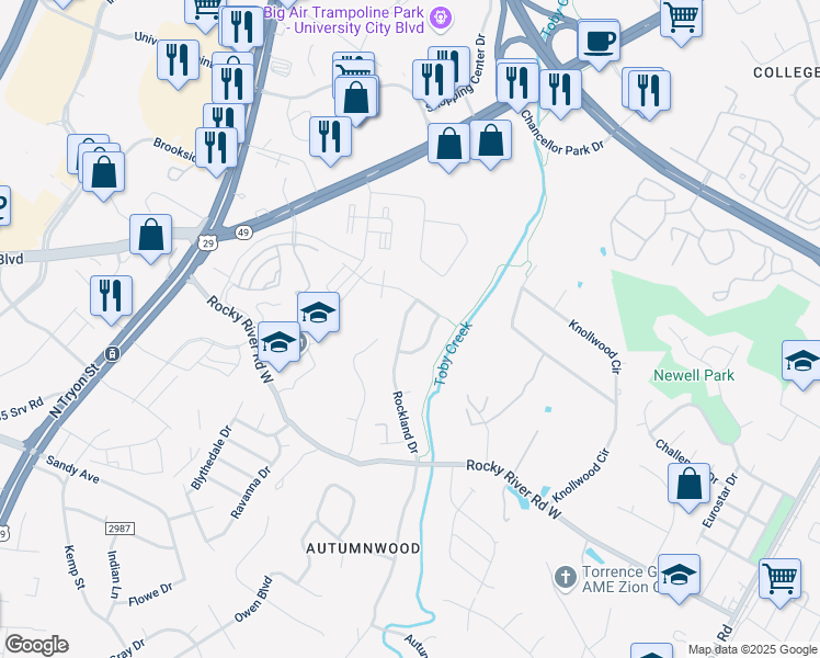 map of restaurants, bars, coffee shops, grocery stores, and more near 7815 Rockland Drive in Charlotte