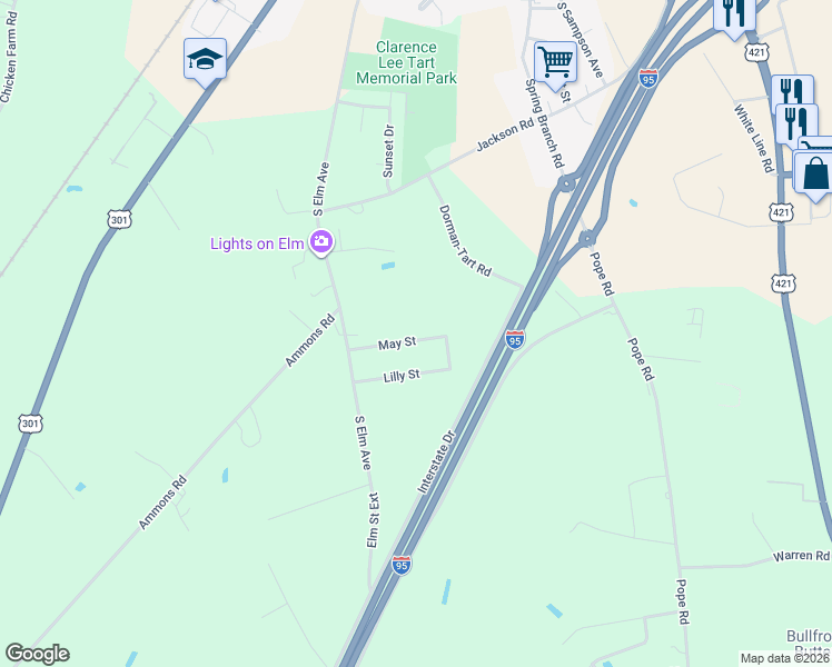 map of restaurants, bars, coffee shops, grocery stores, and more near 111 May St in Dunn