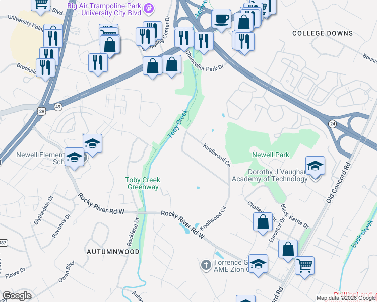 map of restaurants, bars, coffee shops, grocery stores, and more near 8410 Knollwood Circle in Charlotte