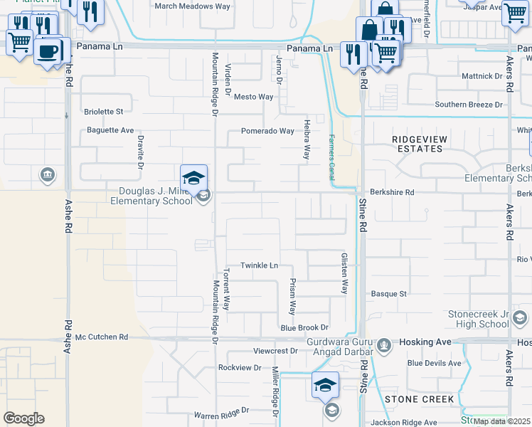 map of restaurants, bars, coffee shops, grocery stores, and more near 5406 Clarion Channel Lane in Bakersfield