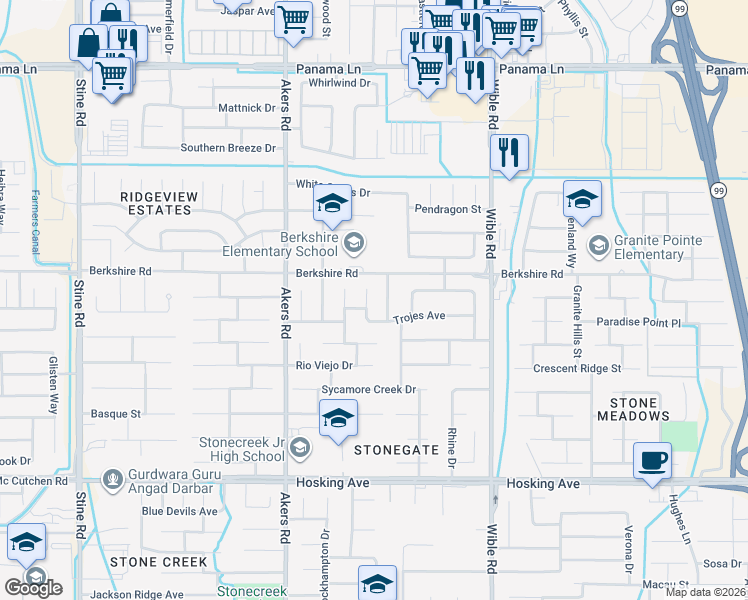 map of restaurants, bars, coffee shops, grocery stores, and more near 7323 Cupio Street in Bakersfield