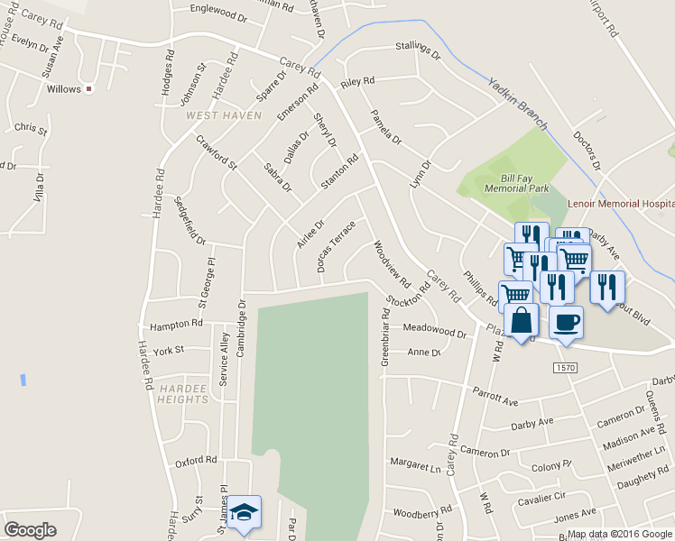 map of restaurants, bars, coffee shops, grocery stores, and more near 1213 Ruffin Terrace in Kinston