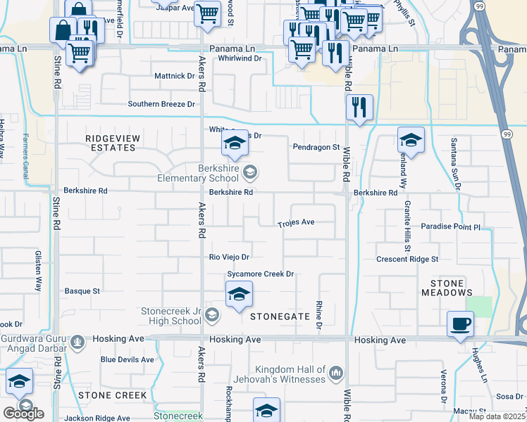 map of restaurants, bars, coffee shops, grocery stores, and more near 7318 Cupio Street in Bakersfield