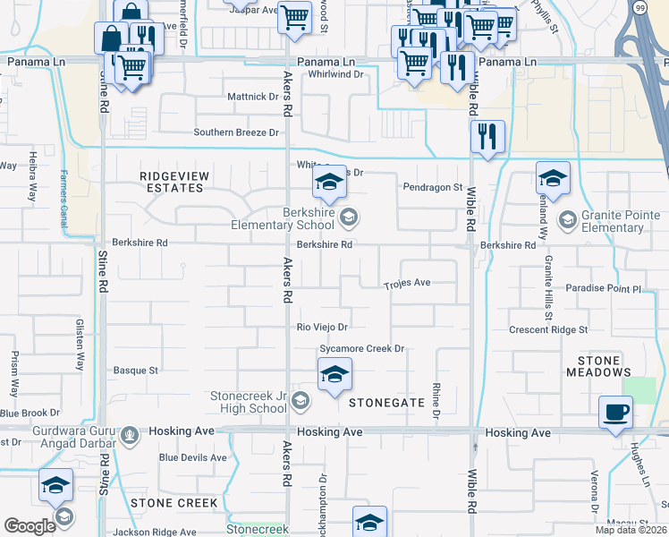 map of restaurants, bars, coffee shops, grocery stores, and more near 7319 Chilibre Street in Bakersfield