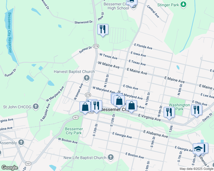 map of restaurants, bars, coffee shops, grocery stores, and more near 306 North 13th Street in Bessemer City