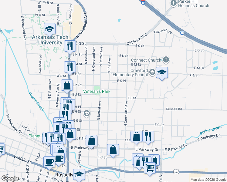 map of restaurants, bars, coffee shops, grocery stores, and more near 520 East K Street in Russellville