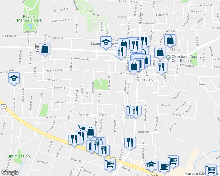 map of restaurants, bars, coffee shops, grocery stores, and more near 28 McBrayer Street in Shelby