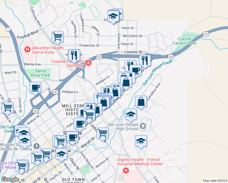 map of restaurants, bars, coffee shops, grocery stores, and more near 892 Grove Street in San Luis Obispo