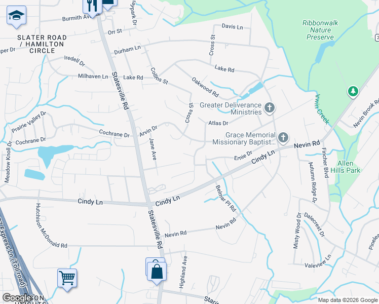 map of restaurants, bars, coffee shops, grocery stores, and more near 3628 Greenloch Court in Charlotte