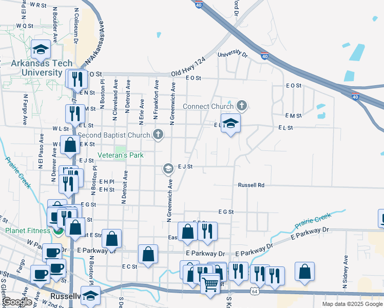 map of restaurants, bars, coffee shops, grocery stores, and more near 1016 East J Street in Russellville