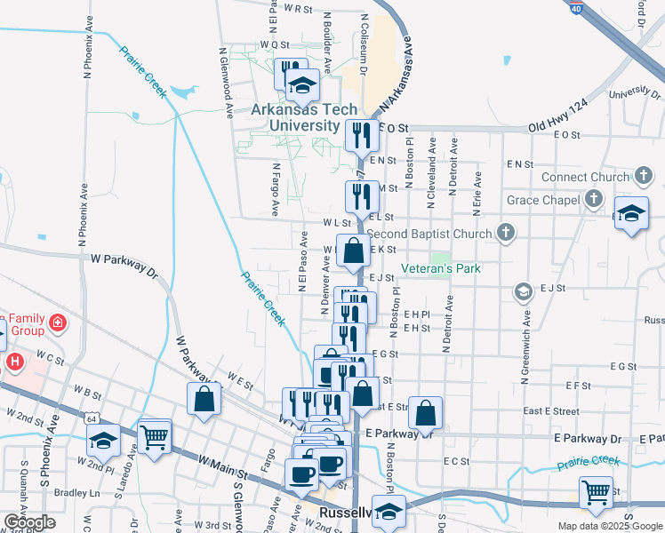map of restaurants, bars, coffee shops, grocery stores, and more near 215 West J Street in Russellville