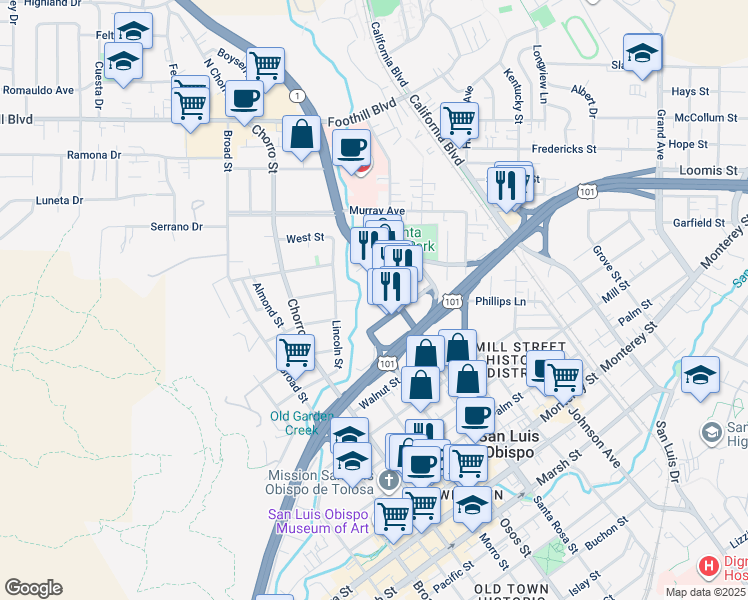 map of restaurants, bars, coffee shops, grocery stores, and more near 1039 Montalban Street in San Luis Obispo