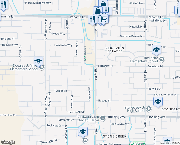 map of restaurants, bars, coffee shops, grocery stores, and more near 7420 Echo Creek Lane in Bakersfield