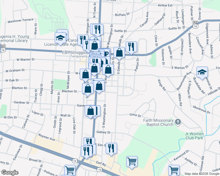 map of restaurants, bars, coffee shops, grocery stores, and more near 403 South Washington Street in Shelby