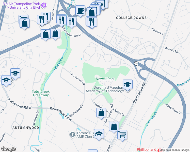 map of restaurants, bars, coffee shops, grocery stores, and more near 3139 Old Ironside Drive in Charlotte