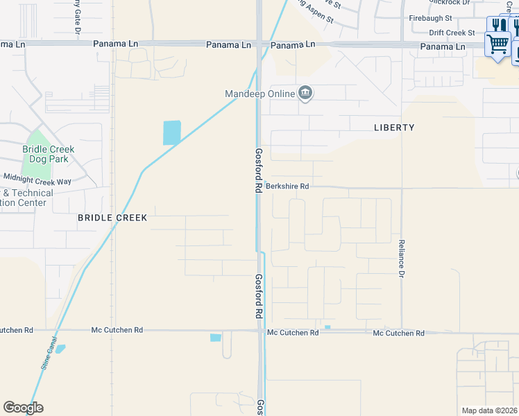 map of restaurants, bars, coffee shops, grocery stores, and more near 7400 Gosford Road in Bakersfield