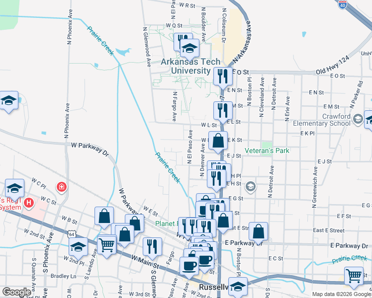 map of restaurants, bars, coffee shops, grocery stores, and more near 915 North El Paso Avenue in Russellville