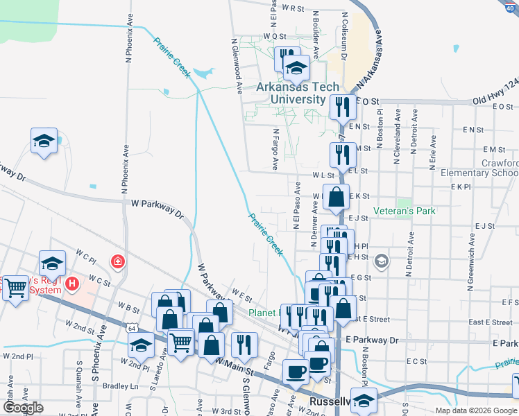 map of restaurants, bars, coffee shops, grocery stores, and more near 616 West J Street in Russellville