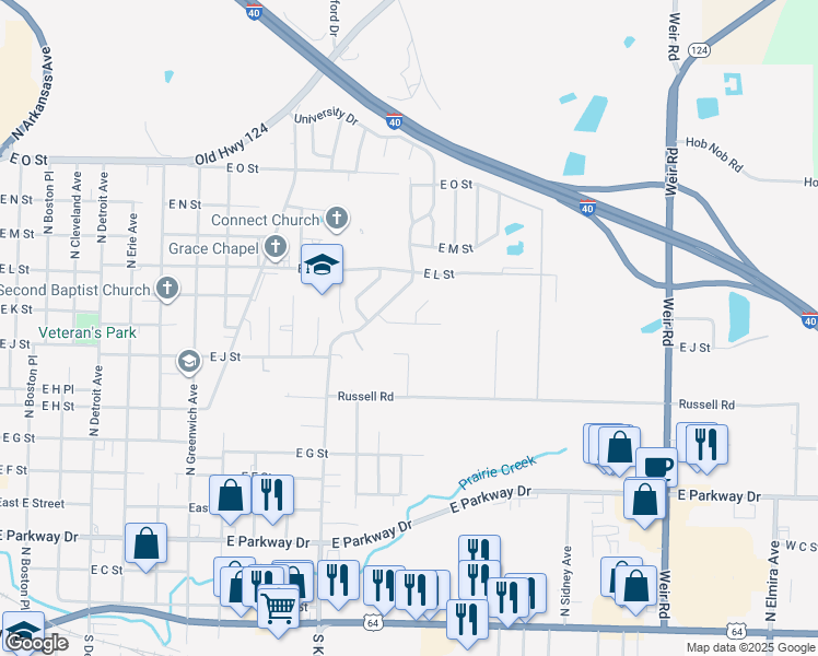 map of restaurants, bars, coffee shops, grocery stores, and more near 1318 E K St in Russellville