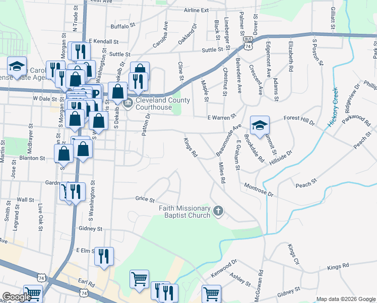 map of restaurants, bars, coffee shops, grocery stores, and more near 516 Kings Road in Shelby