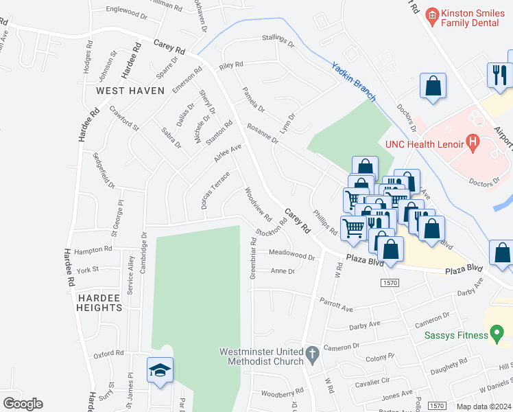 map of restaurants, bars, coffee shops, grocery stores, and more near 2313 Woodview Road in Kinston