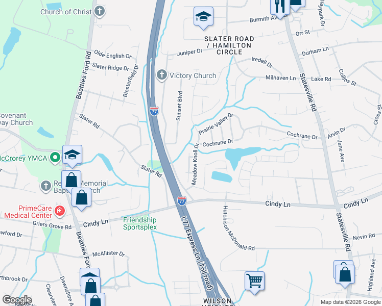 map of restaurants, bars, coffee shops, grocery stores, and more near 2733 Meadow Knoll Drive in Charlotte