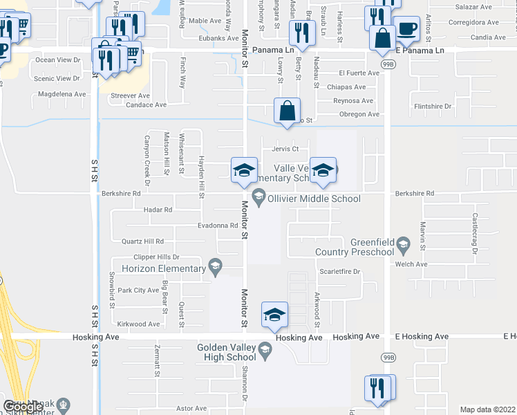 map of restaurants, bars, coffee shops, grocery stores, and more near 7310 Monitor Street in Bakersfield