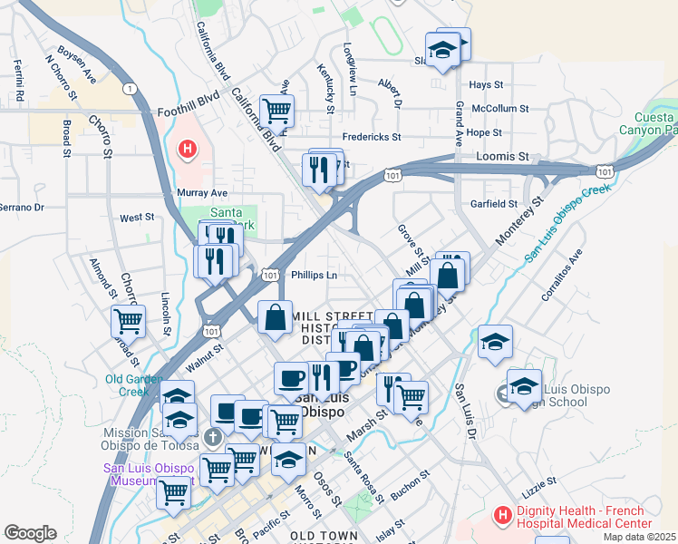 map of restaurants, bars, coffee shops, grocery stores, and more near 1371 Phillips Lane in San Luis Obispo